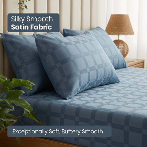 Image of Mush Satin Bedsheet King Size with 2 Pillow Case | 400 TC Bedsheets for King Size Bed | Cooling, Soft & Breathable Satin Bed Sheet, Premium Bedsheets Kingsize (Eclipse Navy, Jacquard Collection)