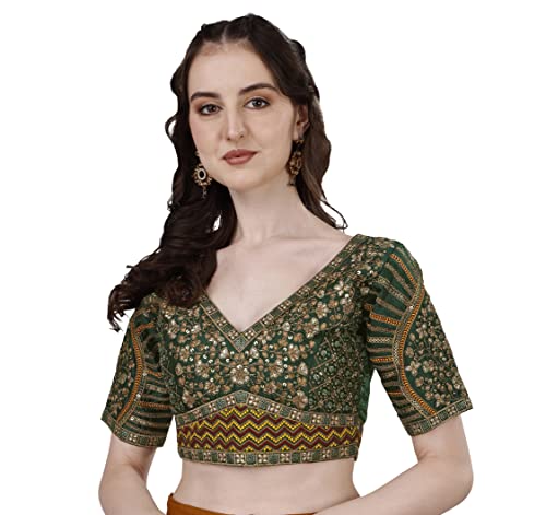 Image of Pujia Mills Mills Women's Fancy Readymade Heavy Coding Embroidary Worked Half Sleeve Multicolor Saree Blouse(Mushroom)