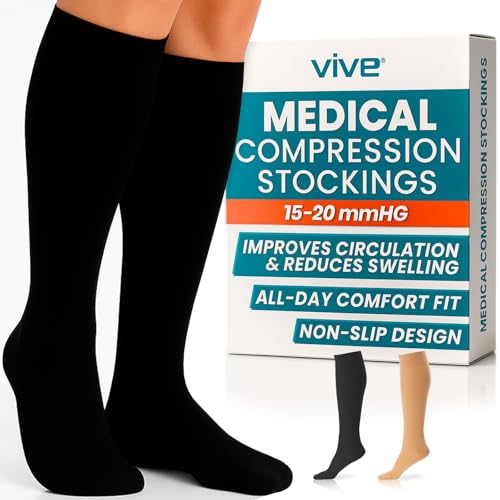 Vive Knee High Compression Socks for Women & Men – 15-20mmHg Medical Support Stockings for Varicose Veins, Swelling, Soreness & Airplane Travel – Breathable TED Hose for Legs & Feet, Pregnancy (Black)
