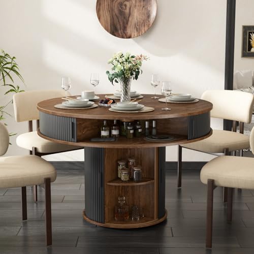 47 in Round Dining Table for 4, Circle Dining Table with Storage Shelf and Wood Slide Door for Dining Room, Kitchen, Living Room, Walnut