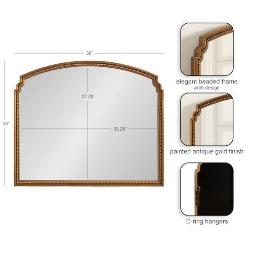 Image of Kate and Laurel Lockland Vintage Beaded Arch Wall Mirror, 36 x 30, Gold, Traditional Vintage Wide Arched Bathroom Mirror for Over Sink for Use as Living Room Wall Decor