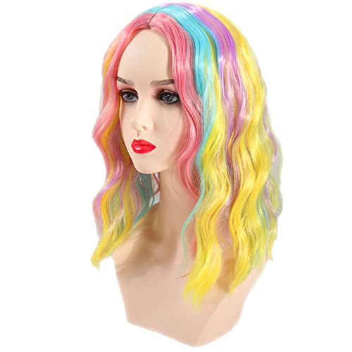Extpro Rainbow Wig Natural Wavy Bob Wig Shoulder Length Curly Cosplay Colorful Wig for Girls Daily Use (C-Multicolor)