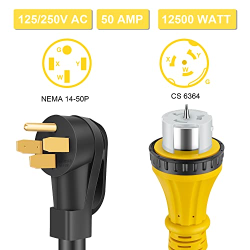 Rophor 50 Amp Generator Cord 15 Feet, Nema 14-50P To Cs6364 & Ss2-50R Generator Emergency Power Cord, Stw 6/3 + 8/1 Awg, 125/250V, 12500 Watts, Perfect For Generator To House Connection #TOP1
