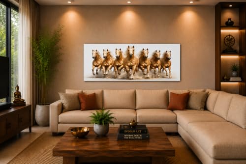 Image of 7 Horse Vastu Sunrise Canvas Painting | Positive Energy Wall Decor | Big Size Premium Running Horses Artwork for Home, Office & Hall Decoration (Modern, Light Brown Horse, 44x20 Inch)