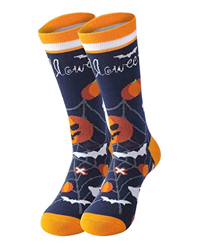 Chaussettes Drôles pour Homme et Femme Chaussettes Fantaisie Coton Chaussette Rigolotes Garçons et Filles Cadeau Cadeaux d'halloween, Chaussette Thème Halloween chauve-souris citrouille (Bleu) Cover