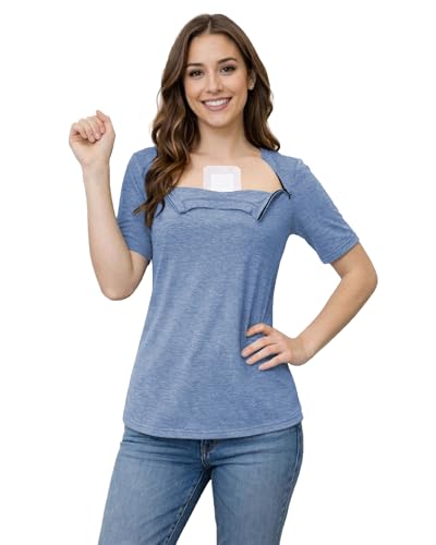 Youdiao Chemo Shirts for Port Access Women Post Shoulder Surgery Shirts with 2 Hidden Side Zippers Short Sleeve Tear Away Tops Adaptive Clothing Light Blue XXL