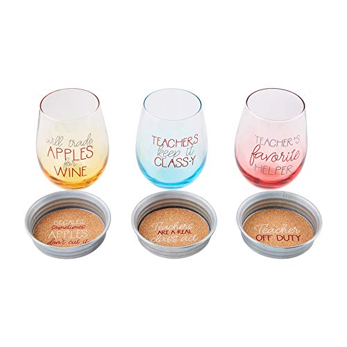 Mud Pie Teacher Wine And Coaster Set, Glass 16 Oz 4" Dia, Classy #TOP2