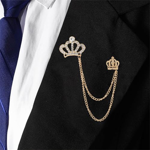 Image of coadipress Crown With Hanging Chain Brooch for Women Men Elegant Gentlemen Gold Silver Crystal Crown Lapel Pin Vintage Rhinestone Wedding Brooch Suit Shirt Pin Accessories