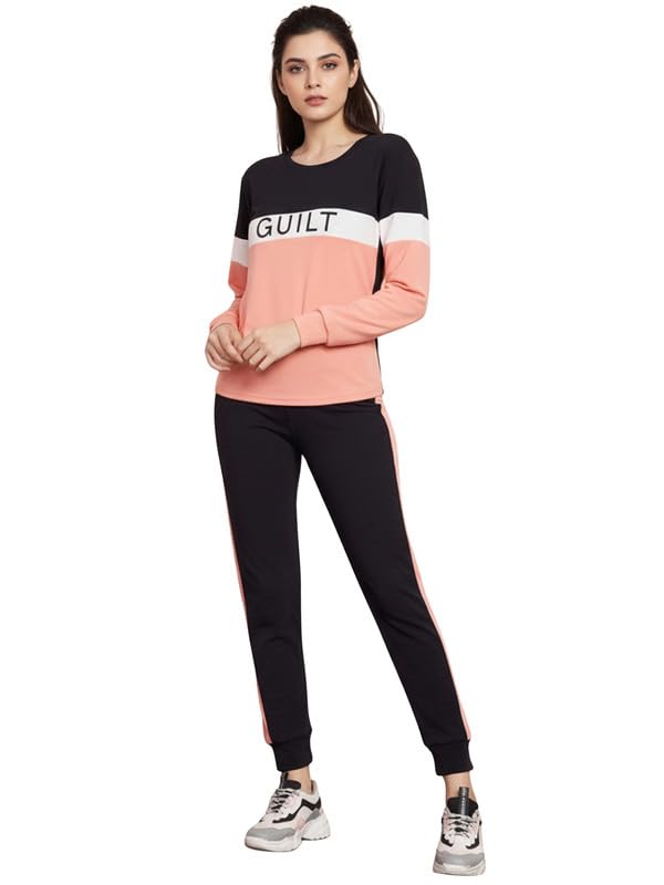 de trendz Women's Peach Cotton Lycra Blend Guilt Letter Print With Front Taped Tracksuit | Co-ord Set For Women| Track Suit Set For Women-picture-30