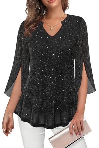 Tencole Womens 3/4 Ruffle Sleeve Sparkly Tops Sequin V Neck Blouses Dressy Casual Fall Shirts