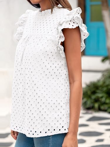 BTFBM Casual Summer Tops for Women 2025 Short Ruffle Sleeves Shirts Crew Neck Hollow Out Lace Embroidered Blouses