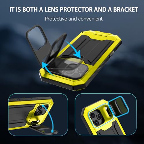 FunnyWin Compatible with iPhone 17 Pro Metal Case with Camera Cover Stand Built in Gorilla Glass Full Body Hybrid Military Heavy Duty Armor Silicone Rugged Phone Cover for Man Woman (Yellow) by FunnyWin - Image 2