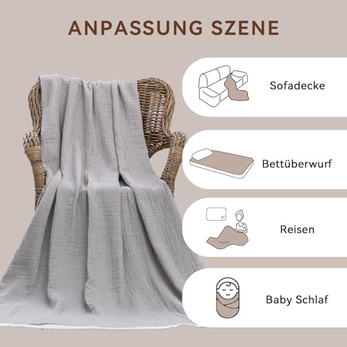 SE SOFTEXLY Kuscheldecke Baumwolle 100%, 4-lagige Weiche Kuscheldecke Musselin Tagesdecke, Bett-Überwurf Sofadecke Wohndecke für Ganze Saison als Sofaüberwurf Grau Blanket 150x200cm