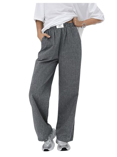 SOLY HUX Womens Striped Print Pants Straight Leg Lounge Casual Baggy Long Trousers