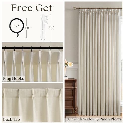 Image of 100 Inch Wide Pinch Pleated Extra Wide Curtain Panels 90 Inch Long | Thick Linen, Patio Sliding Glass Door, Hooks Rings, Semi Sheer, Privacy, Living Room, 100x90, 1 Panel, Oatmeal, Beige