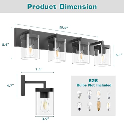 Image of Bathroom Vanity Light, Square Design 4 Lights Morden Bathroom Lighting Fixtures Over Mirror, Black Bathroom Light Vanity Fixtures for Bathroom /Living Room /Bedroom