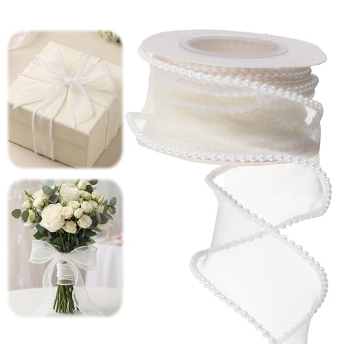 Pearl Edge Organza Chiffon Ribbon 4cm*4.5m Faux Pearl Edge Ribbon - Organza Sheer Ribbons Rolls for Valentines Day Wedding Crafts Gift Wrapping (Ivory)