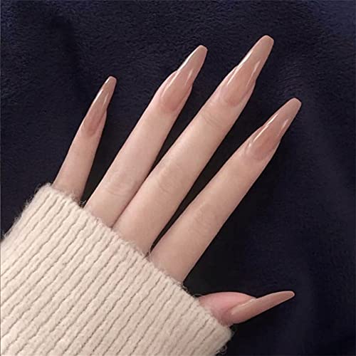 NXYVB 24 Pieces Medium Press on Nails Ballerina Coffin False Nails Solid Color Full Cover Fake Nails Artificial Acrylic Nails for DIY Nail Art Salon Women Girls (Free Size, Pink grey)