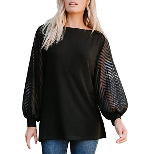 Blusas De Mujer Elegantes Invierno Top de Manga Larga de Malla Cosida de Color sólido y Suelto para...