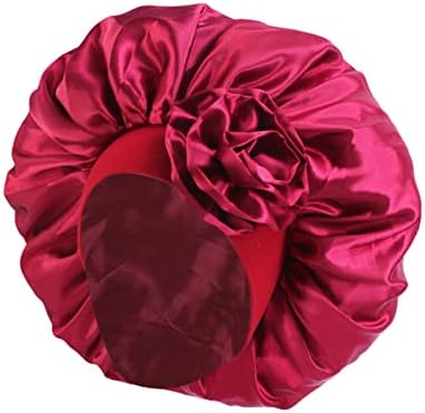 DAZLOR Women Wide Edge Satin-Lined Sleep Beanie Nightcap Elastic Fitting Solid Color Headband Stylish Big Flower Decoration