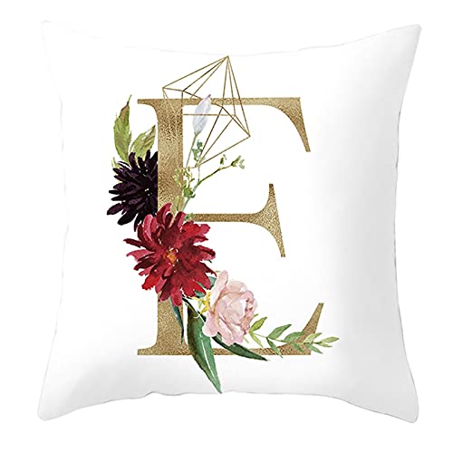 Lieson Fundas de almohada para sofá de sala de estar, 1 funda de almohada de 18 x 18 pulgadas, fundas de cojín para exteriores, color blanco, dorado, rojo, 45 x 45 cm, letra E con hoja de rosa,