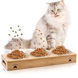 Katzennapf Bambus Erhöht, OXYEFEI Futterstation Katze 3 Näpfe mit rutschfest Napfständer und Edelstahl Napf Wasser & Futter Futternapf Spülmaschinenfest