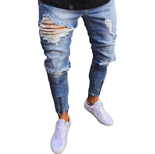 Maiyifu-GJ Men's Ripped Skinny Slim Jeans Destroyed Ankle Zipper Denim Pencil Pants Distressed Tapered Leg Jean Trousers (Light Blue,3X-Large)