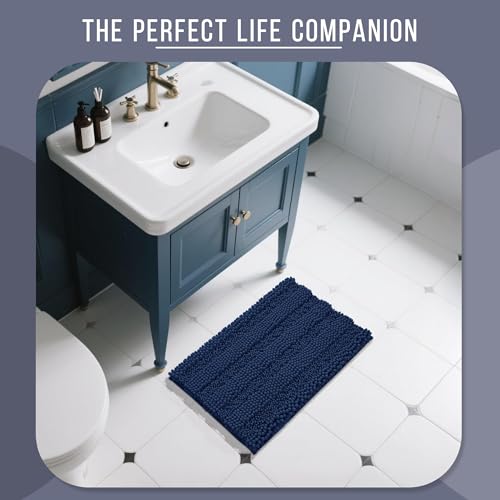 Image of Yimobra Bathroom Rug Mat 24 x 17, Non Slip and Super Absorbent Bath Mat,Machine Washable Quick Dry,Ultra Plush Chenille Shower Rugs for Bathroom Floor Sink Tub and Shower Outside,Navy Blue
