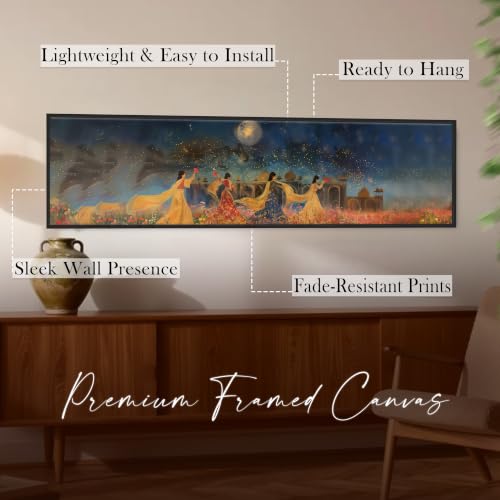 Image of PAINTINGMANTRA Moonlight Night Mughal Wall Painting, Indian Traditional Wall Art Paintingfor Living Room, Home and Office Wall Decoration (13x47 Inch)