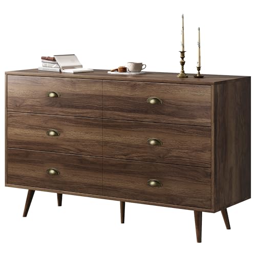Image of LYNSOM Walnut Dresser for Bedroom, 6 Drawer Dresser with Half Moon Cup Metal Knob, Vintage Dressers & Chests of Drawers Living Room, Hallway, Entryway