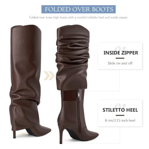 Image of Vaslemuse Womens Fold Over Knee High Boots Pointed Toe Sexy Slouch Boots | Slouchy long boots, Stiletto high heels, Closed toe, Sping fall boots, High heel boots, Side zipper