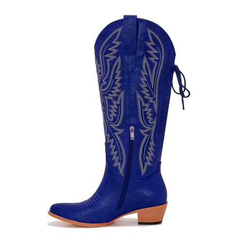 Image of Uillnoodu Wide Calf Cowboy Boots Women Adjustable Lace Up Knee High Tall Plus Size Cowgirl Boots Western Style Comfortable 2-Inch Heel