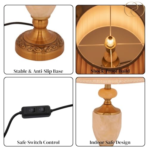 Image of ELARE Antique Brass Table Lamp for Bedroom with Pleated Fabric Shade & Marble Base | Luxury Bedside Night Table Lamps for Bedroom & Living Room | Vintage Decorative Table Light for Home Decor