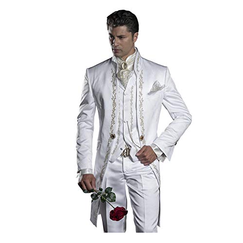 Mens Embroidery White Mandarin Lapel Tail Tuxedos Wedding/Prom Best Man Blazer 3 Pieces Men Suits
