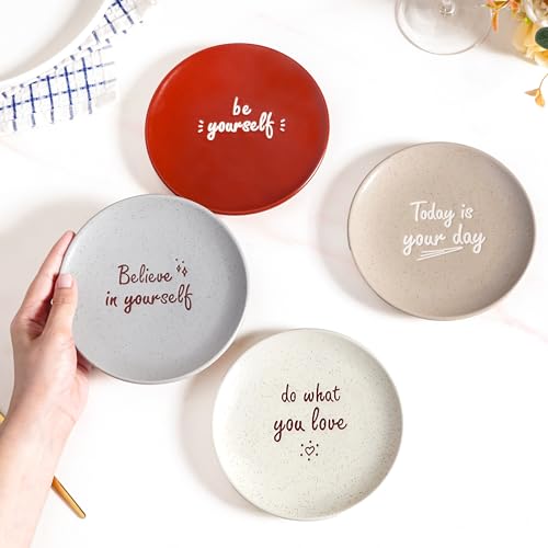 Image of Nestasia Ceramic Round Snack Plate Set of 4 (15cm Each) - Inspiring Quotes Embossed Small Plates for Serving Snacks & Desserts | Microwave & Dishwasher Safe (White, Grey, Red, & Taupe)