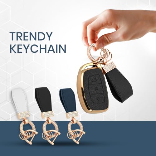 Image of Keyzone Litchi Leather Textured TPU Key Cover & Keychain for Exter, Creta, i20, Aura, Xcent, Tucson, Elantra, Verna, Grand i10 3 Button Smart Key (White)