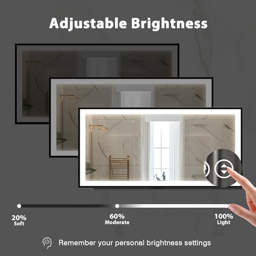60x28 Bathroom LED Mirror, Black Aluminum Edge Lighted Mirror, 3 Colors Stepless Dimmable Vanity Mirror, Skincare, Anti-Fog, Shatter-Proof, ETL Listed, Memory Smart Mirror(Horizontal/Vertical)