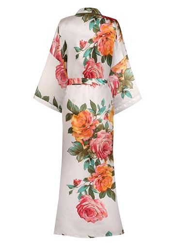 Image of Women Silk Kimono Robe Long Floral Bridesmaids Robes Satin | Wedding Party Bridal Getting Ready Robe Lightweight Dressing Gown Loungewear Sleepwear