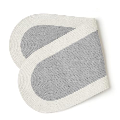 Image of Encasa XO Table Runner for 4 Seater | Handmade Ribbed Style Cotton | 30x91 cm | Light Grey & Off White | for Dining & Center Table