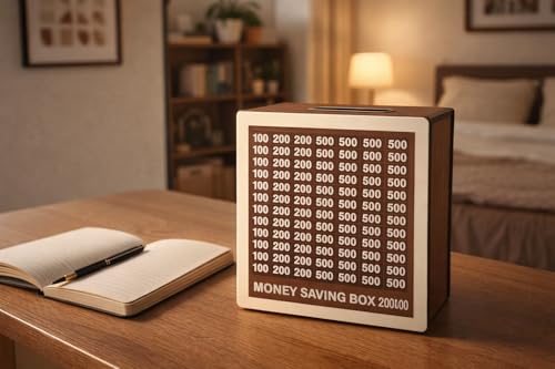 Image of Dr.MASHUR Wooden Money Saving Challenge Box with Printed Amount Board for Cash and Coin Collection, Reusable Saving Box for Kids and Adults (Pen 2lakh Money Box, 1, Count)