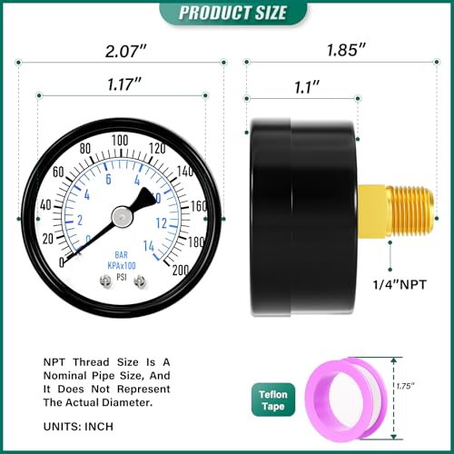 Image of 0-200PSI Well Pump Pressure Gauge 1 /4 inch NPT 2 inch Face Dial Size, Multifunctional Practical Dry Pressure Gauge, Back Mount, for Water, Oil and Air Compressor