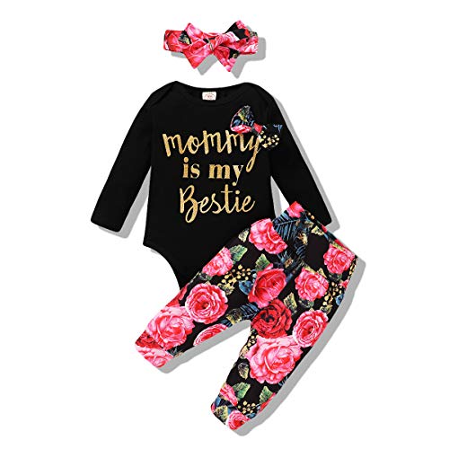 Baby Girl Clothes Newborn Mommy is My Bestie Outfit Infant Long Sleeve Romper Floral Pants Set Winter Baby 3-6 Months Girl Clothes (Besties-Black)