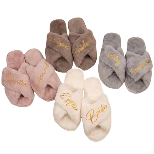 JSAJU Personalized Fluffy Custom Slippers for Women - Bride, Bachelorette