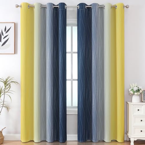 Estelar Textiler Navy Blue and Yellow Gradient Blackout Curtains for Bedroom, Thermal Insulated Ombre Blackout Drapes, Full Light Blocking Energy Saving Curtains for Living Room,52Wx96L,2 Panels