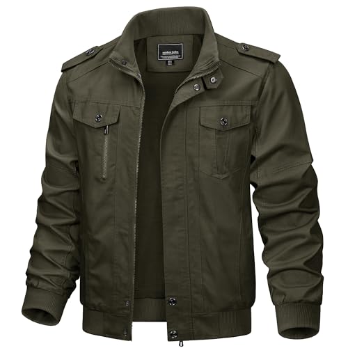 TACVASEN Men's Military Lightweight Jacket Army Cargo Windbreaker Zip Front Stand Collar Cotton Jackets with Multi Pockets Army Green L