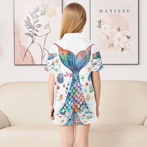 ALAZA 3d Mermaid Starfish Seashell Watercolor Satin Pajamas Set Short Sleeve Button Down Sleepwear Summer Pjs 2 Piece4
