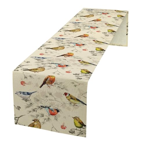 Image of Flower Birds Table Runner Nature Themed Winter Birds on Branches,Watercolor Pine Tree Tabletop Setting Decor for Party Dining Room Kitchen Decoration 13x60 Inch