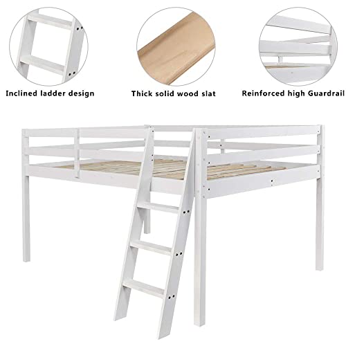 Bonnlo Low Loft Bed Full Size With Inclined Stairs, Junior Loft Bed With High Guard Rail For Kids/Young Teens/Adults, Solid Wood Low Bunk Bed Full Size White, 2 Center Beams, No Box Spring Required #TOP4
