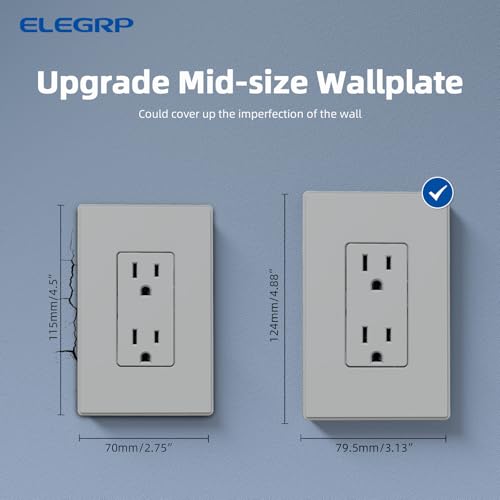 Image of ELEGRP 1-Gang Screwless Decorative Wall Plates, Mid-Size Unbreakable Thermoplastic Faceplate Cover for Decorator Receptacle Outlet Switch, UL Listed (10 Pack, Gray)