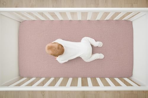 Image of TADO MUSLIN Baby Crib Sheets 2 PCS, 100% Organic Cotton Crib Sheet for Standard Crib Mattress(52 inchx 28 inch), Fitted and Soft Breathable Muslin Crib Mattress Sheet for Girl and Boy (Rainbow, Pink)
